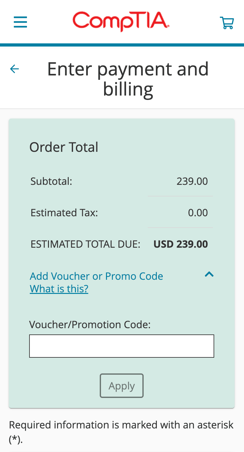 CompTIA Enter payment and billing screen shot with field to enter of Voucher/Promo code after the total