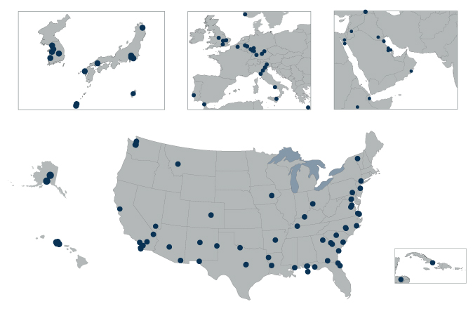 U.S. Map with dots indicating miliatry base locations